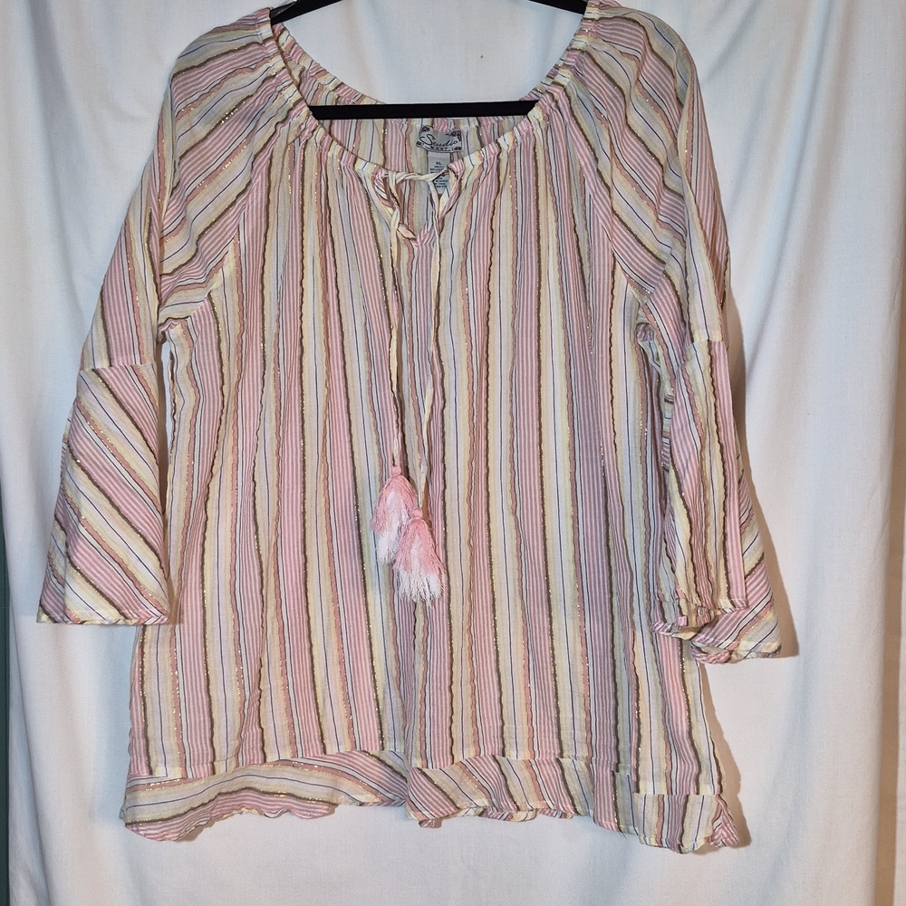 Studio West Striped Multicolor Women's Boho Peasant Top Size XL Flared Sleeves